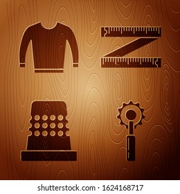 Set Cutter tool, Sweater, Thimble for sewing and Tape measure on wooden background. Vector