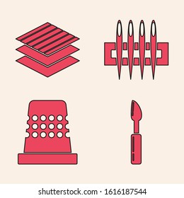 Set Cutter tool, Textile fabric roll, Needle for sewing and Thimble for sewing icon. Vector