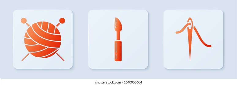 Set Cutter tool, Yarn ball with knitting needles and Needle for sewing with thread. White square button. Vector