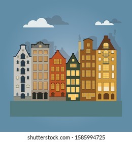 Set of  cutting Amsterdam style colored houses. Colorful of a row of typical dutch view at Netherlands. Stylized facades of old buildings. Wood carving vector template. 