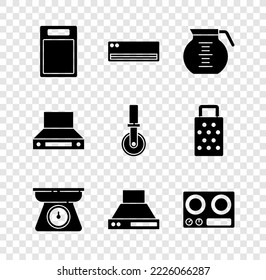 Set Cutting board, Air conditioner, Coffee pot, Scales, Kitchen extractor fan, Gas stove, and Pizza knife icon. Vector