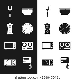 Set Cutting board, Blender, Barbecue fork, Bowl, Microwave oven, Gas stove, Electric mixer and  icon. Vector