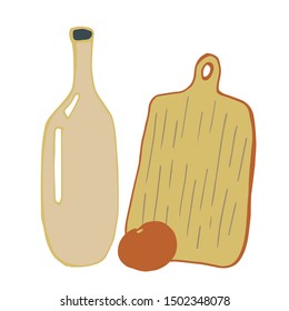 Set of cutting board, bottle.