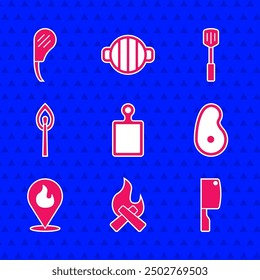 Set Cutting board, Campfire, Meat chopper, Steak meat, Location with flame, Burning match, Barbecue spatula and Rib eye steak icon. Vector