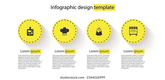 Set Cutting board, Chef hat, Pudding custard and Oven. Business infographic template. Vector