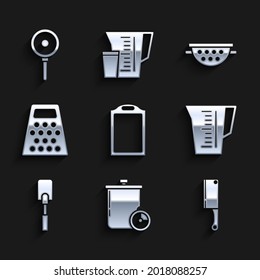 Set Cutting board, Cooking pot and kitchen timer, Meat chopper, Measuring cup, Spatula, Grater, Kitchen colander and Frying pan icon. Vector