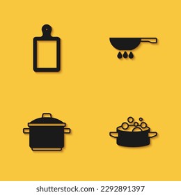 Set Cutting board, Cooking pot,  and Frying pan on fire icon with long shadow. Vector