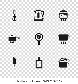 Set Cutting board, Cooking pot on fire, Fried eggs frying pan, Kitchen whisk, Electric kettle and  icon. Vector