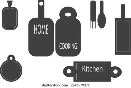 set of cutting board and cutlery on white background.