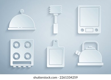 Set Cutting board, Electronic scales, Gas stove, Kettle with handle, Kitchen hammer and Covered tray icon. Vector