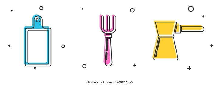 Set Cutting board , Fork  and Coffee turk  icon. Vector