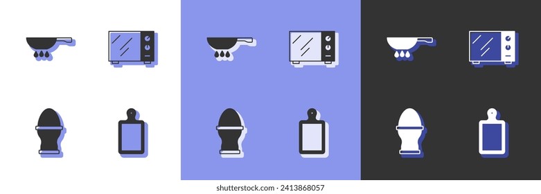 Set Cutting board, Frying pan on fire, Chicken egg stand and Microwave oven icon. Vector