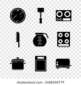 Set Cutting board, Kitchen hammer, Gas stove, Cooking pot, Toaster, Knife and Coffee icon. Vector
