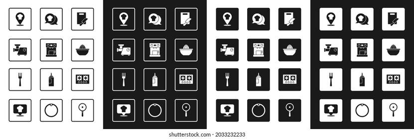 Set Cutting board and knife, Coffee machine, Kitchen meat grinder, Chef hat with location, Citrus fruit juicer, speech bubble, Gas stove and Fork icon. Vector