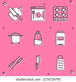 Set Cutting board and knife, Cooking live streaming, Gas stove, pot, Salt, Jam jar, Food chopsticks and Meat chopper icon. Vector