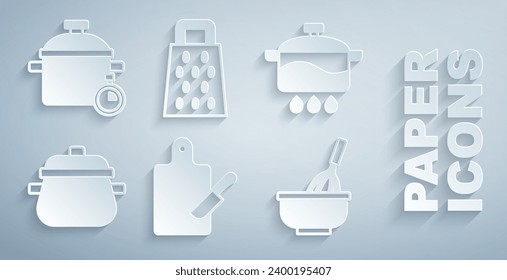 Set Cutting board y cuchillo, Cocina en la olla, Kitchen whisk con tazón, Grater e icono. Vector