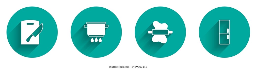 Set Cutting board and knife, Cooking pot on fire, Rolling pin dough and Refrigerator icon with long shadow. Vector