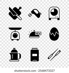 Set Cutting board and knife, Electric mixer, Kitchen timer, French press, Jam jar, Food chopsticks, Scales and Covered with tray of food icon. Vector