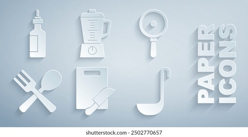 Set Cutting board and knife, Frying pan, Crossed fork spoon, Kitchen ladle, Blender and Bottle of olive oil icon. Vector
