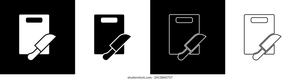 Sie legen das Schnittbrett und das Messer-Symbol einzeln auf schwarz-weißem Hintergrund fest. Symbol für das Einkaufsporn. Farbensymbol.  Vektorgrafik