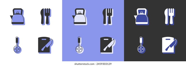 Set Cutting board and knife, Kettle with handle, Spatula and Crossed fork icon. Vector