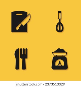 Set Cutting board and knife, Scales, Crossed fork and Kitchen whisk icon with long shadow. Vector