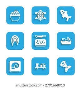 Set Cutting board and knife, Sushi on cutting, Fish tail, Fishing boat, Octopus plate, steak, Shark and Caviar icon. Vector
