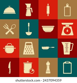 Set Cutting board, Measuring cup, Scales, Rolling pin, Kitchen ladle, Crossed fork and spoon, Covered with tray of food and Bowl icon. Vector