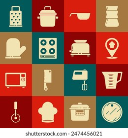 Set Cutting board, Measuring cup, Chef hat with location, Frying pan, Gas stove, Oven glove, Grater and Toaster icon. Vector