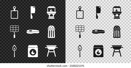 Set Cutting board, Meat chopper, Brick stove, Burning match with fire, Barbecue coal bag, grill, steel grid and Steak meat icon. Vector