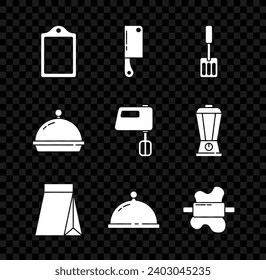 Set Cutting board, Meat chopper, Spatula, Bag of coffee beans, Covered with tray food, Rolling pin on dough,  and Electric mixer icon. Vector