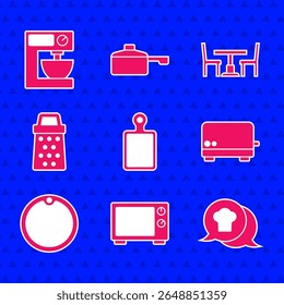 Set Cutting board, Microwave oven, Chef hat speech bubble, Toaster, Grater, Wooden table with chair and Electric mixer icon. Vector