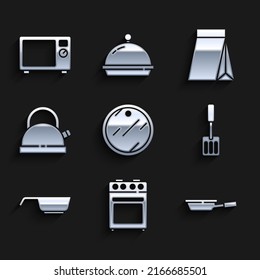 Set Cutting board, Oven, Frying pan, Spatula, Kettle with handle, Bag of coffee beans and Microwave oven icon. Vector
