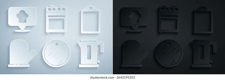 Set Cutting board, Oven glove, Electric kettle,  and Chef hat with location icon. Vector