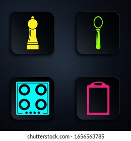 Fijar tabla de corte , Pepper , Gasolina y Cuchara . Botón cuadrado negro. Vector