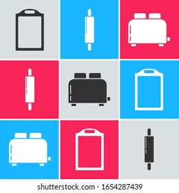 Set Cutting board , Rolling pin  and Toaster with toasts  icon. Vector