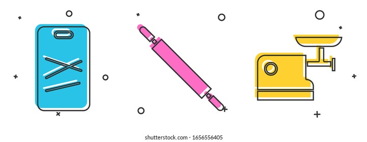 Set Cutting board, Rolling pin and Kitchen meat grinder icon. Vector
