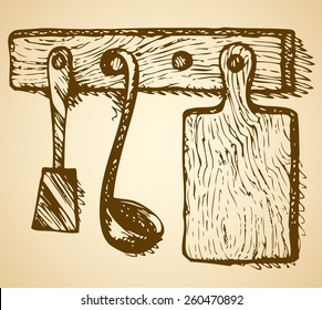 Set of cutting board, soup ladle and metal spatula hanging on kitchen wall on holder. Vector freehand ink drawn background sketchy in art scribble antiquity style of pen on paper with space for text