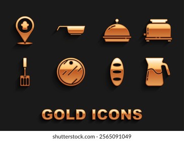 Set Cutting board, Toaster, Jug glass with water, Bread loaf, Spatula, Covered tray of food, Chef hat location and Frying pan icon. Vector