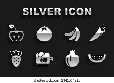 Set Cutting board with vegetables, Hot chili pepper, Watermelon, Pomegranate, Strawberry, Banana, Apple and Tomato icon. Vector