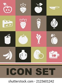 Set Cutting board with vegetables, Plum fruit, Garlic, Peach or nectarine, Strawberry, Homemade pie, Apple and Carrot icon. Vector