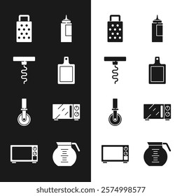 Set Cutting board, Wine corkscrew, Grater, Sauce bottle, Pizza knife, Microwave oven, Coffee pot and  icon. Vector