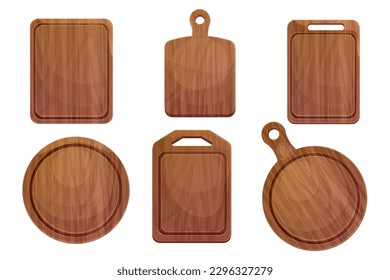 Set Cutting board wooden chopping desk top view in cartoon style isolated on white background. Wood shield, menu mockup