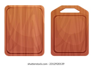 Set Cutting board wooden chopping desk top view in cartoon style isolated on white background. Wood shield, menu mockup