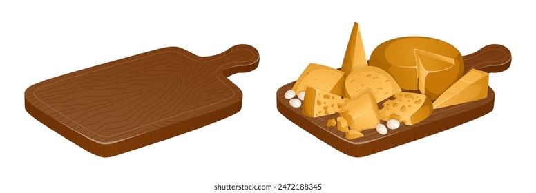 Set of cutting boards with food and without. Different types of cheeses on cutting board in realistic style. Vector illustration. Wood cutting board, cheese tray. Mozzarella, maasdam, parmesan and