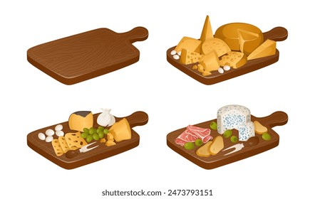 Conjunto de tablas de cortar con alimentos y sin. Diferentes tipos de quesos en tabla de cortar en estilo realista. Ilustración vectorial. Tabla de cortar madera, bandeja de queso. Mozzarella, masdam, parmesano, chedar