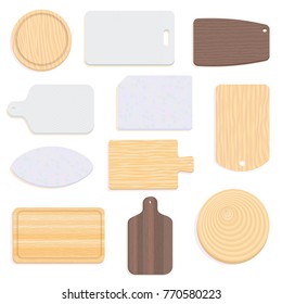 Set of cutting boards isolated on white.
Different cutting boards made of wood, plastic, stone. Flat colors, transparent shadows.