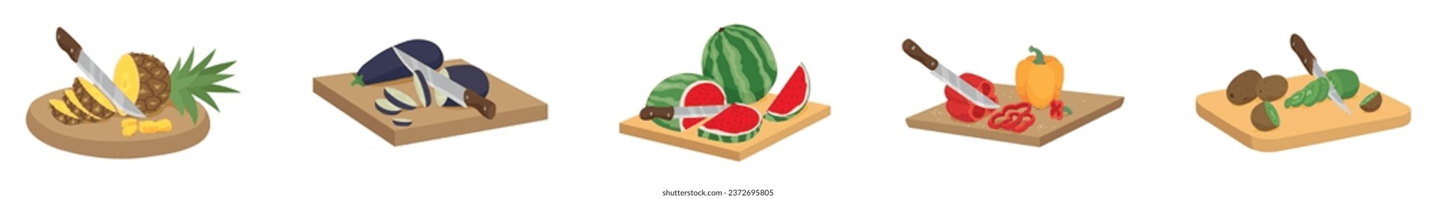 Set of cutting boars, knives, fruits and vegetables on white bac