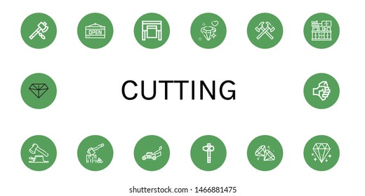 Set of cutting icons such as Axe, Open, Plotter, Diamond, Axes, Kitchen, Deforestation, Lawn mower , cutting