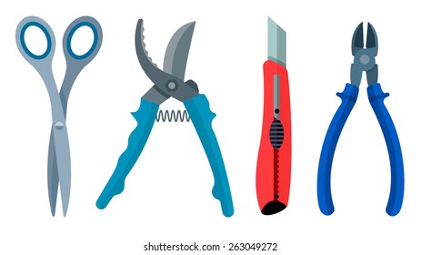 Set cutting instrument scissors secateur knife nippers flat. Eps10 vector illustration. Isolated on white background